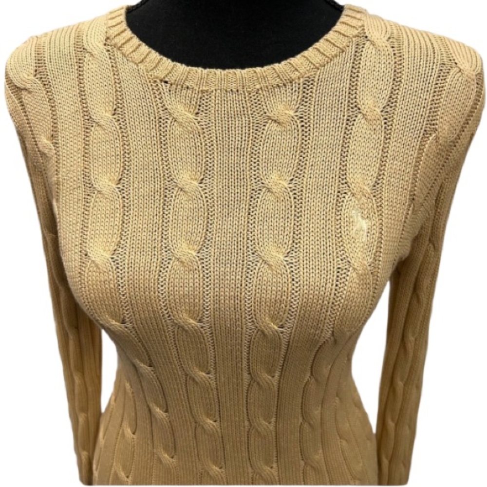 RALPH LAUREN Cable Knit Pullover Sweater Tan Pima Cotton Fitted Top Like New!
